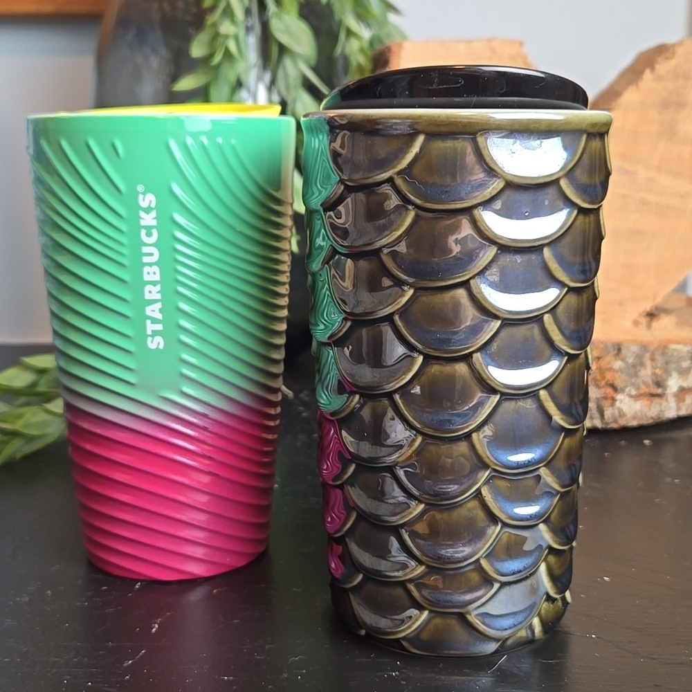 Starbucks Tumblers: Lot Of 2-Ceramic Gun Metal Siren Scale & Petunia Green